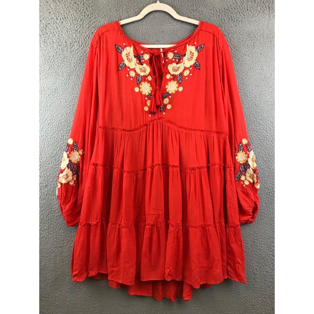 Free People Embroidered Boho Peasant Tunic Top With Floral Detailing XS‎